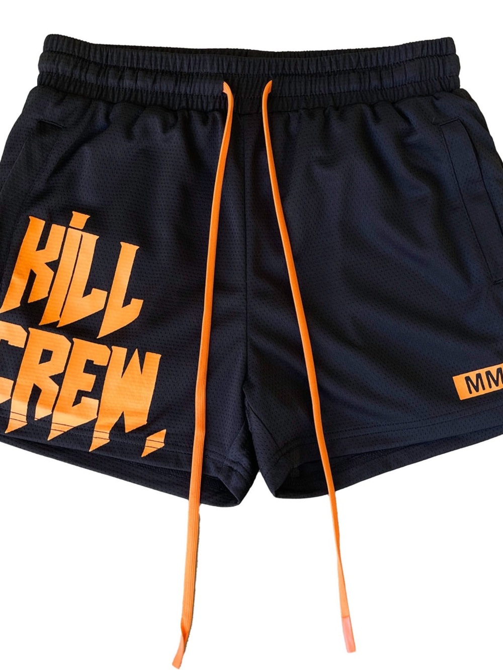 Kill Crew MUAY THAI SHORTS (MID THIGH CUT) - BLACK / ORANGE